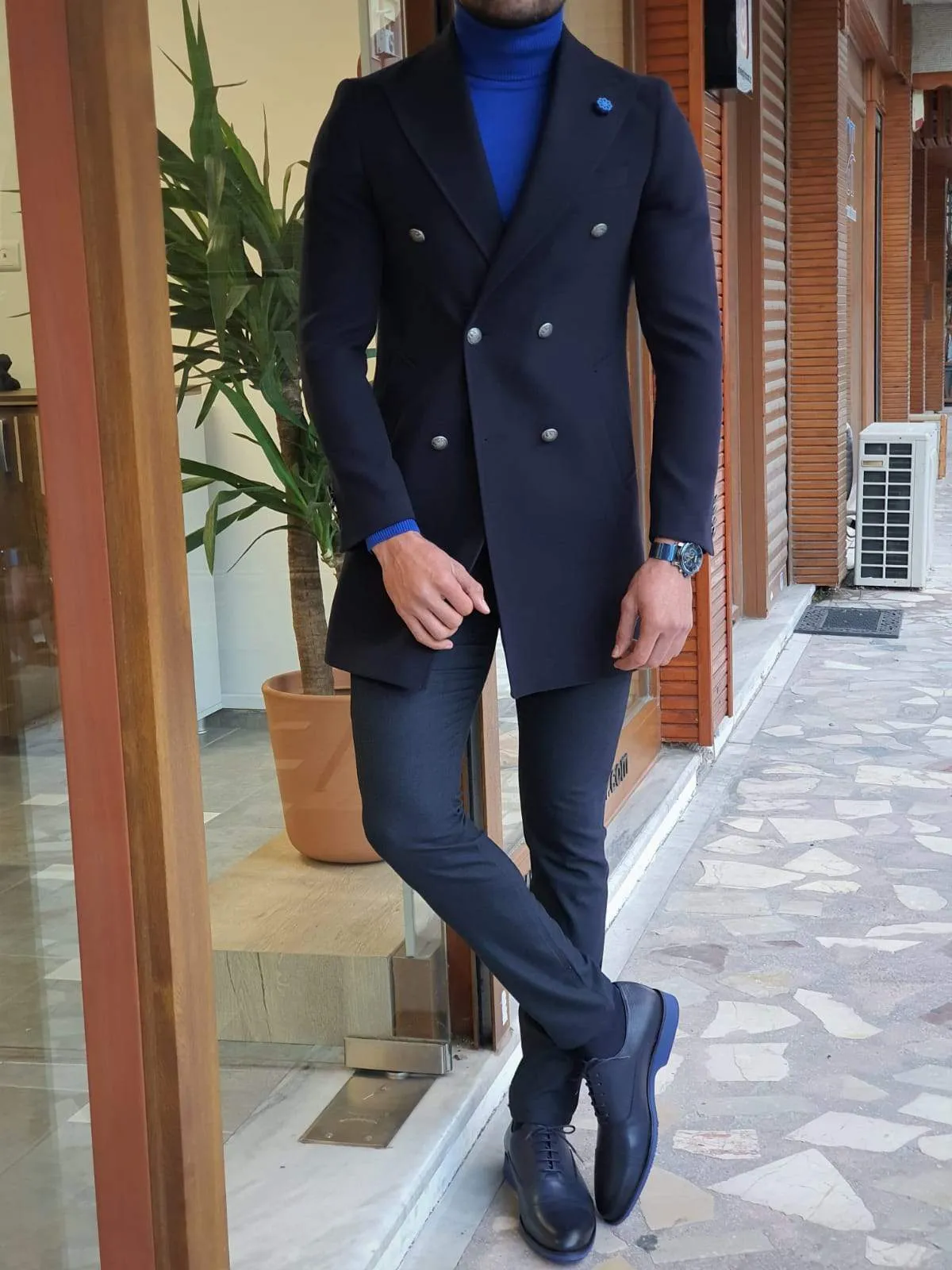 Paruri Navy Blue Slim Fit Wool Long Coat