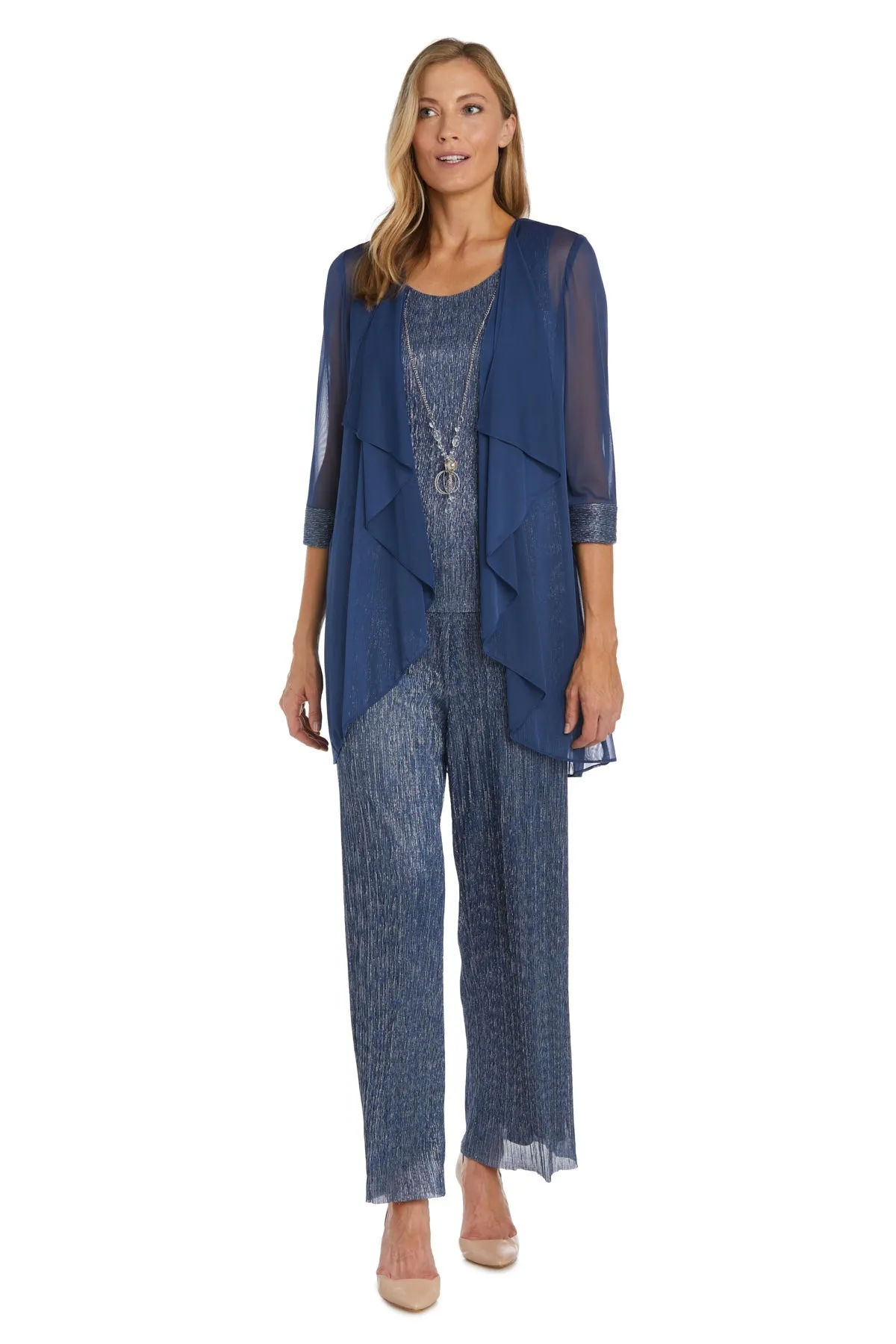 Petite Women Crinkle Pantsuit with  Chiffon Jacket and Necklace Set