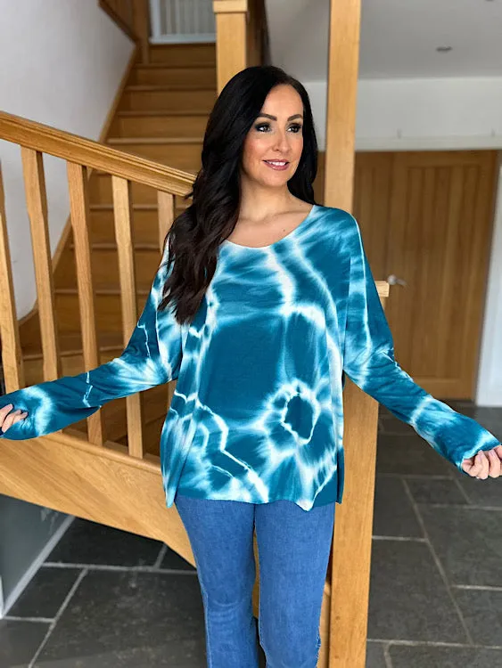 Petrol Blue V Neck Tie Dye Knit Sandra