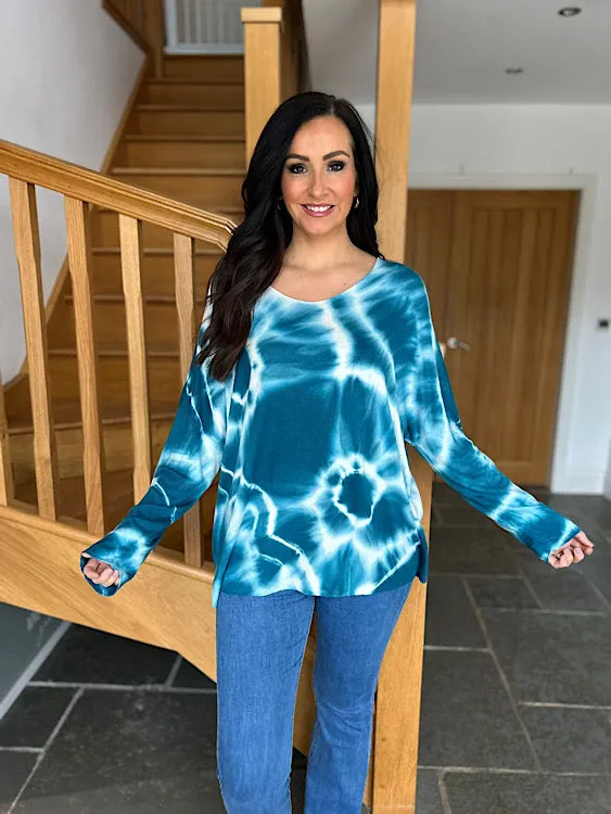 Petrol Blue V Neck Tie Dye Knit Sandra