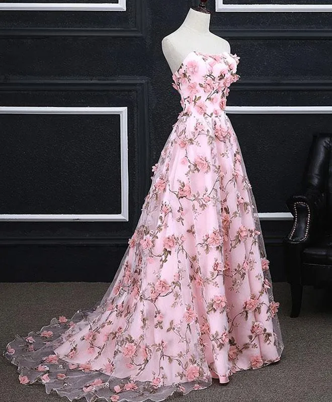 Pink Floral Lace Long A-line Prom Dress, Lace-up Party Dress