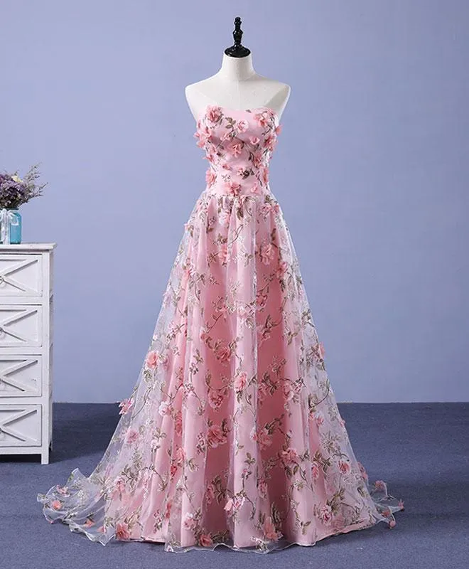 Pink Floral Lace Long A-line Prom Dress, Lace-up Party Dress