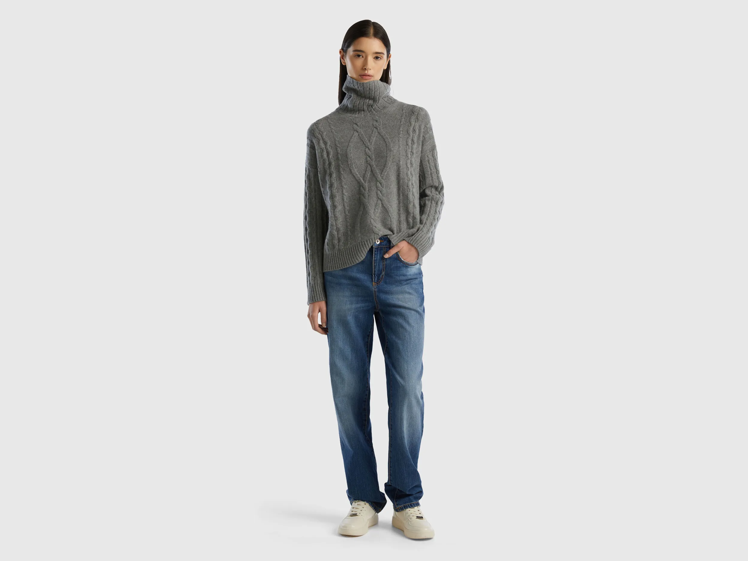 Pure cashmere turtleneck with cable knit - Dark Gray | Benetton