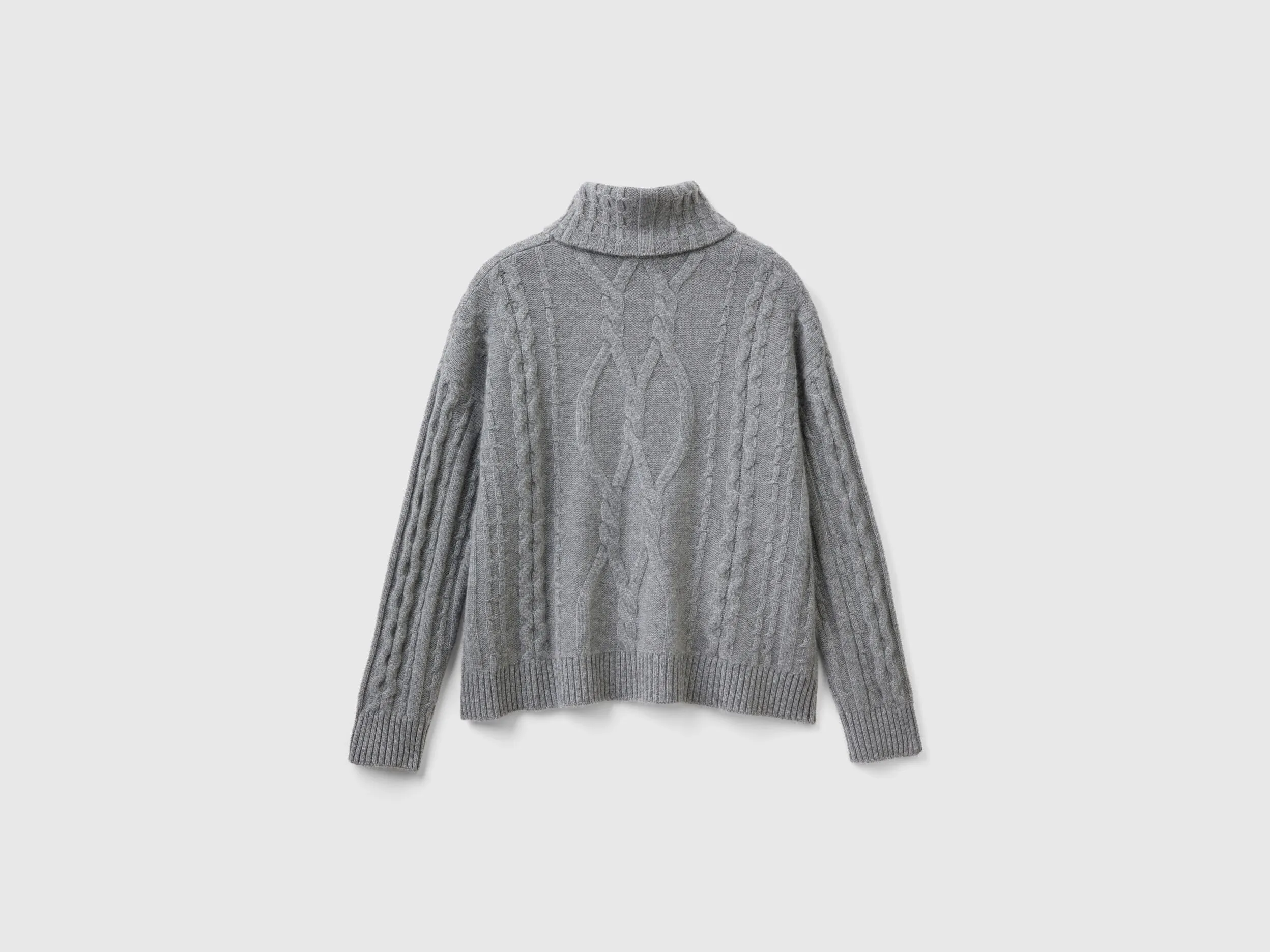 Pure cashmere turtleneck with cable knit - Dark Gray | Benetton