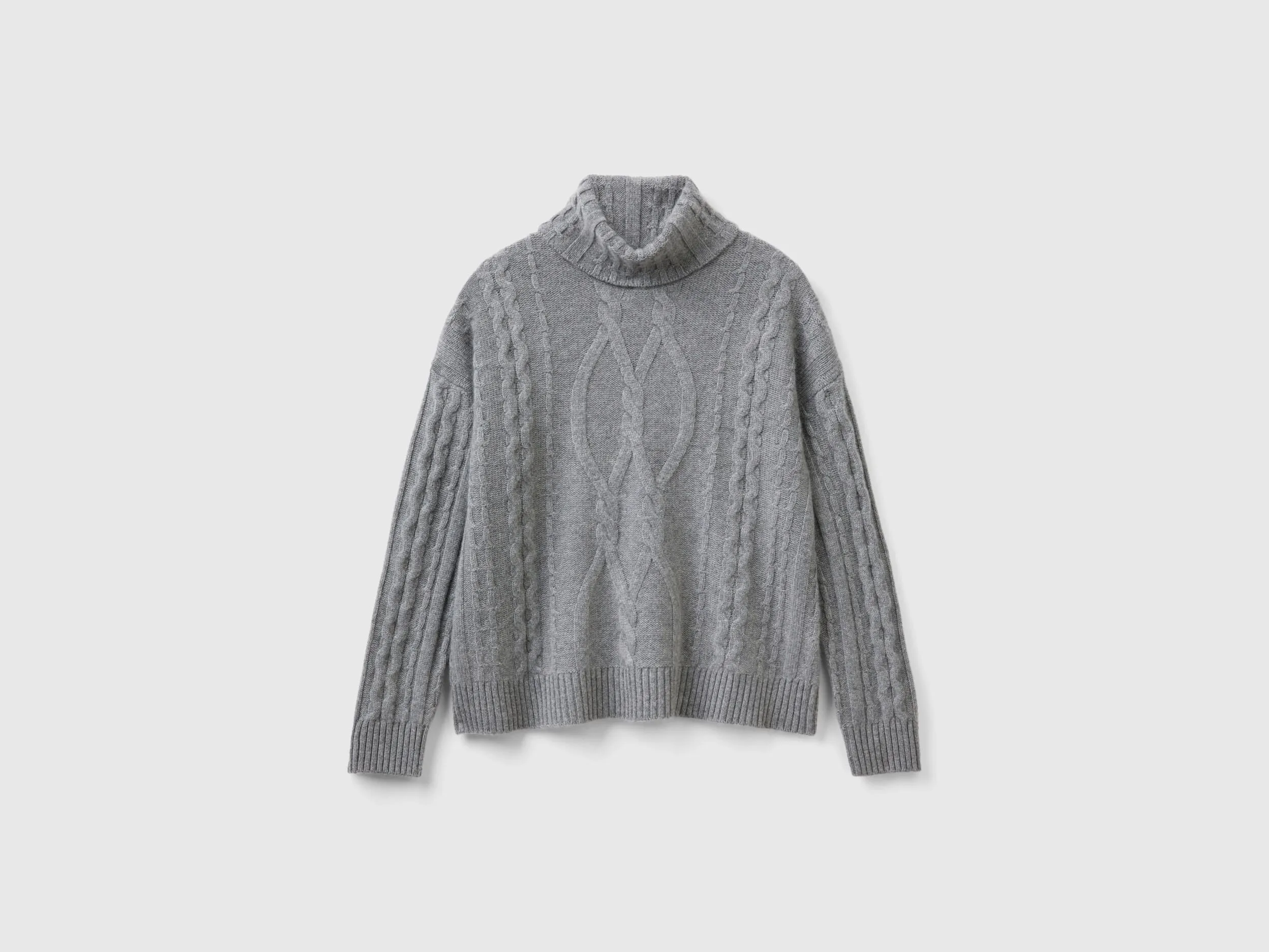 Pure cashmere turtleneck with cable knit - Dark Gray | Benetton