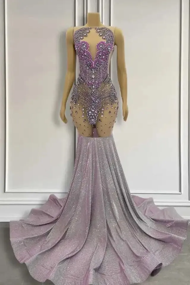 Purple Mermaid Prom Dress Sleeveless with Long Beadings