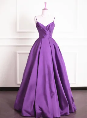 Purple Satin V-neckline Straps Long Prom Dress, Purple Evening Dress Formal Dress