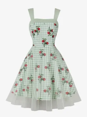 Retro Glamour Dress 1950s Audrey Hepburn Style Square Neck Sleeveless Floral Print Knee Length Light Green Swing Dress