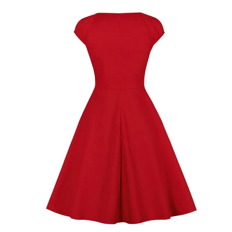 Ruched Wrap V-Neck High Waist 50s Retro Red Party Elegant Cap Sleeve Knee-Length Dress