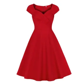 Ruched Wrap V-Neck High Waist 50s Retro Red Party Elegant Cap Sleeve Knee-Length Dress