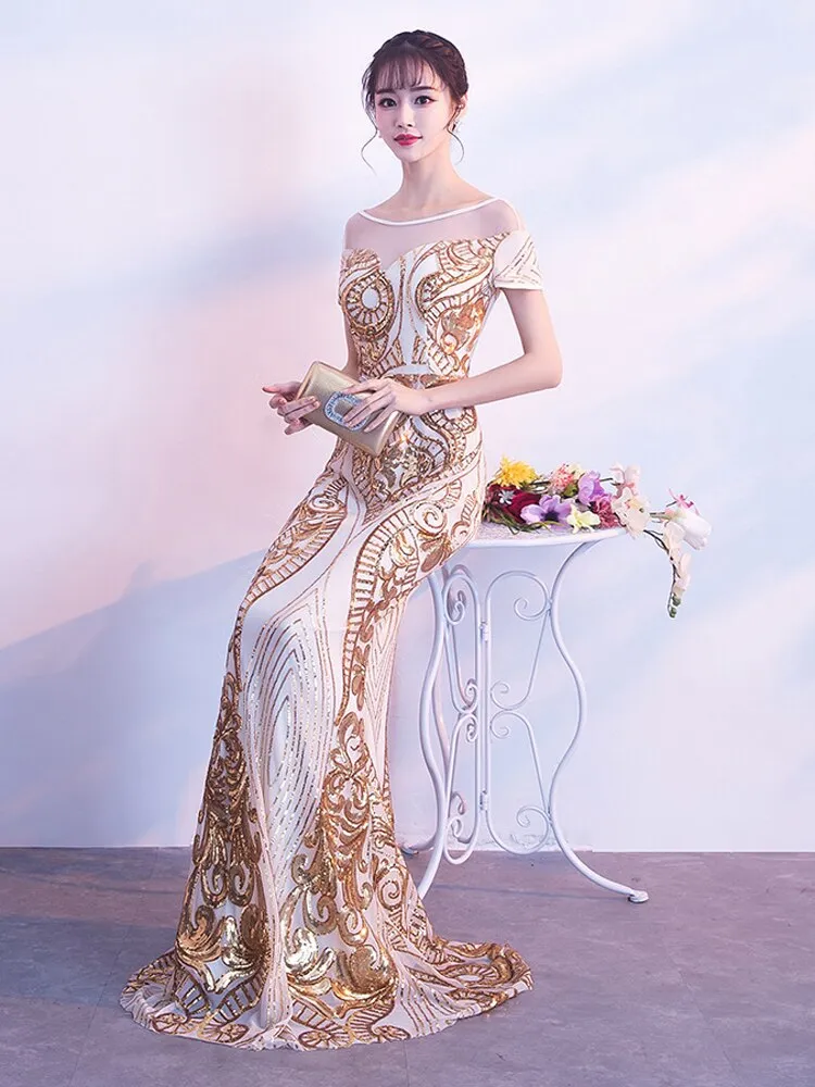 Short-sleeve O-neck Backless Floor-length Evening Dress Sequins Tulle Formal Women Gold Long Gowns Elegant Robe De Soriee