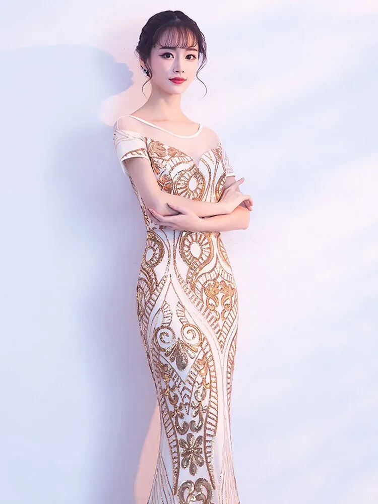 Short-sleeve O-neck Backless Floor-length Evening Dress Sequins Tulle Formal Women Gold Long Gowns Elegant Robe De Soriee