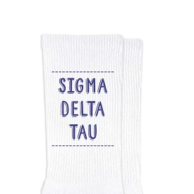 Sigma Delta Tau Crew Socks with Sigma Delta Tau Name in Sorority Colors