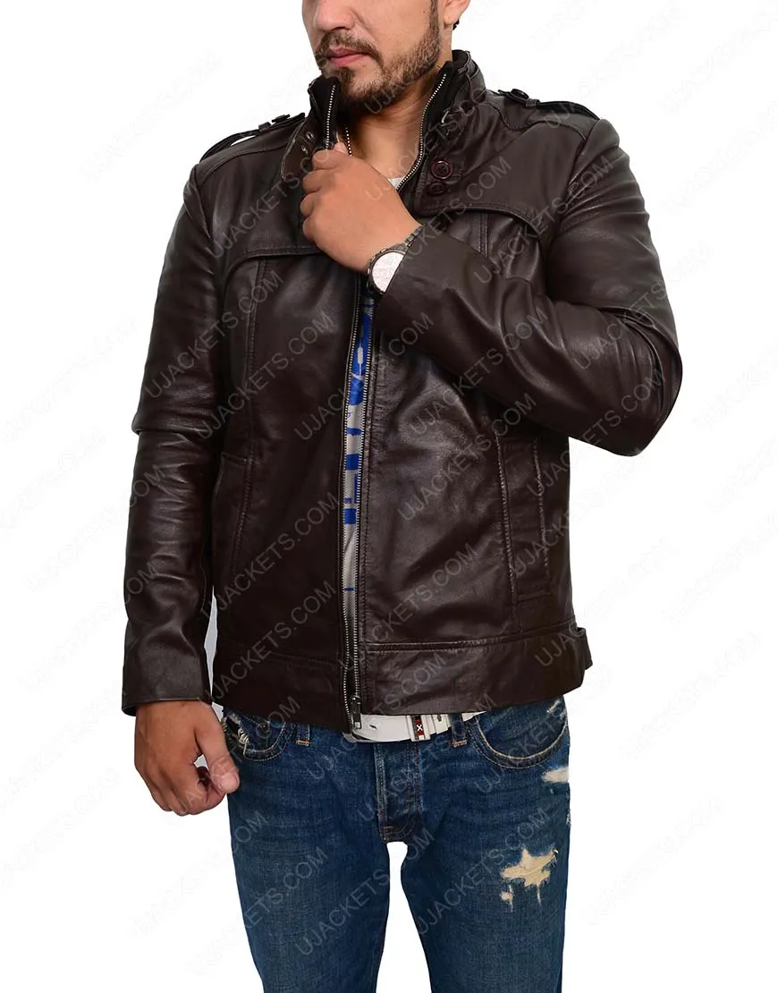 Slim Fit Dark Brown Leather Jacket - Button Pocket Biker Jacket