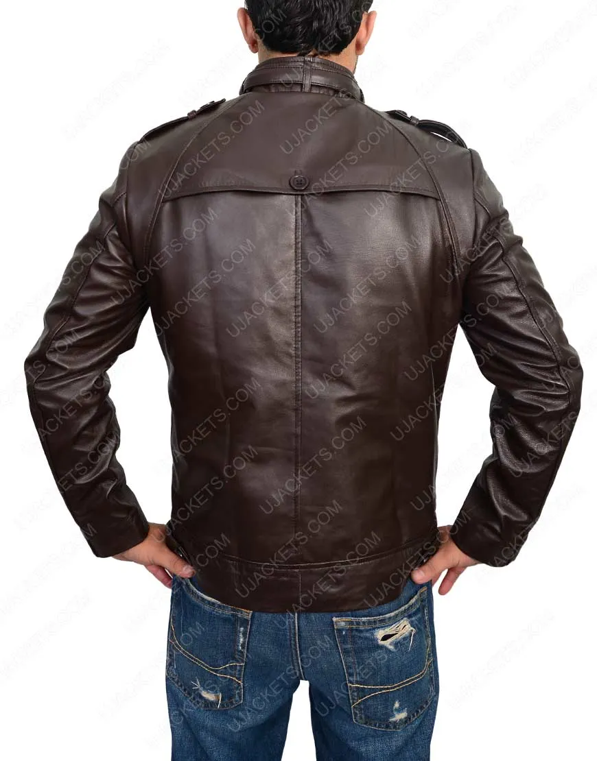 Slim Fit Dark Brown Leather Jacket - Button Pocket Biker Jacket