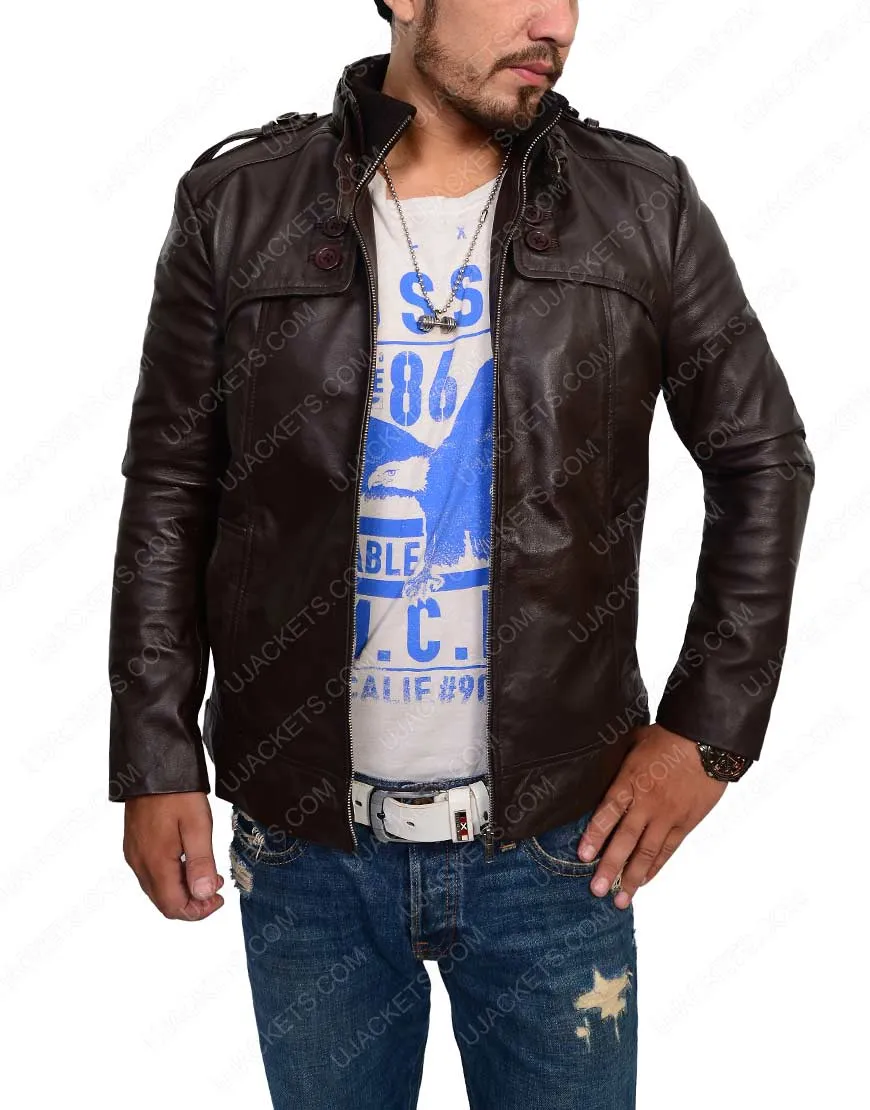 Slim Fit Dark Brown Leather Jacket - Button Pocket Biker Jacket