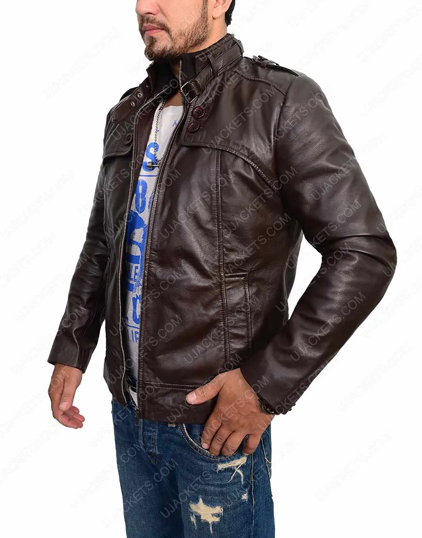 Slim Fit Dark Brown Leather Jacket - Button Pocket Biker Jacket