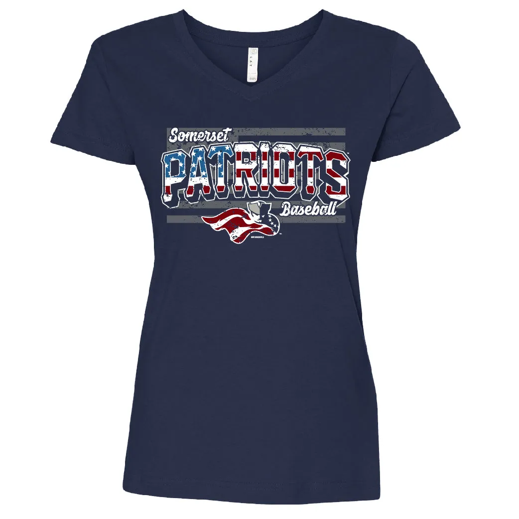 Somerset Patriots Ladies Longer Length V-Neck Navy Stars & Stripes Cartwright Tee