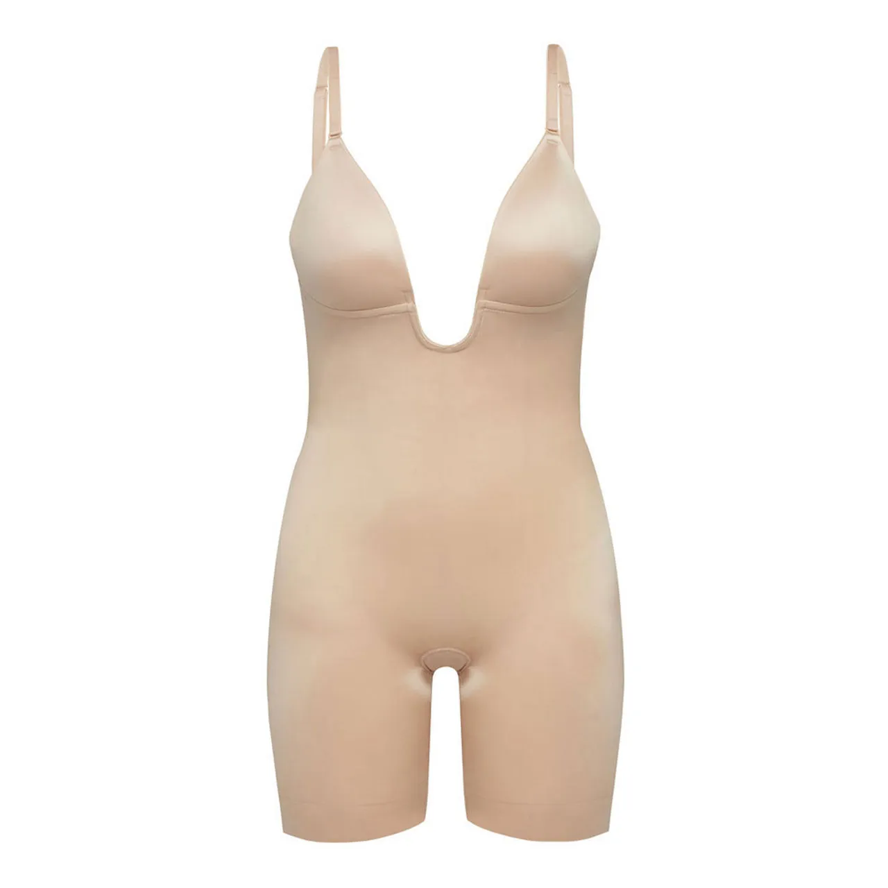 SPANX Suit Your Fancy Medium Control Plunge Low Back Mid-Thigh Bodysuit - Champagne Beige