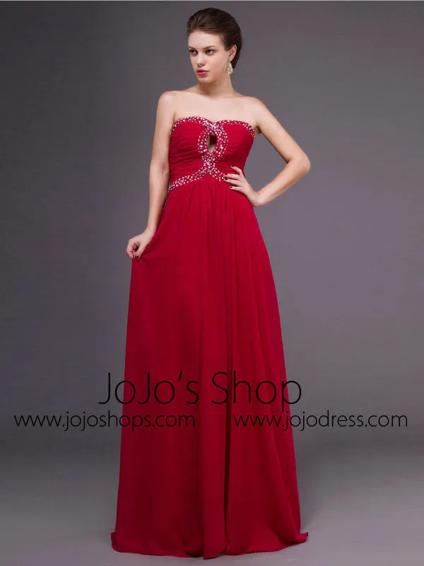 Strapless Red Chiffon Long Formal Prom Dress