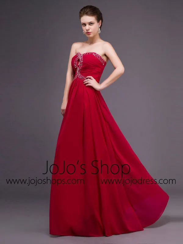 Strapless Red Chiffon Long Formal Prom Dress