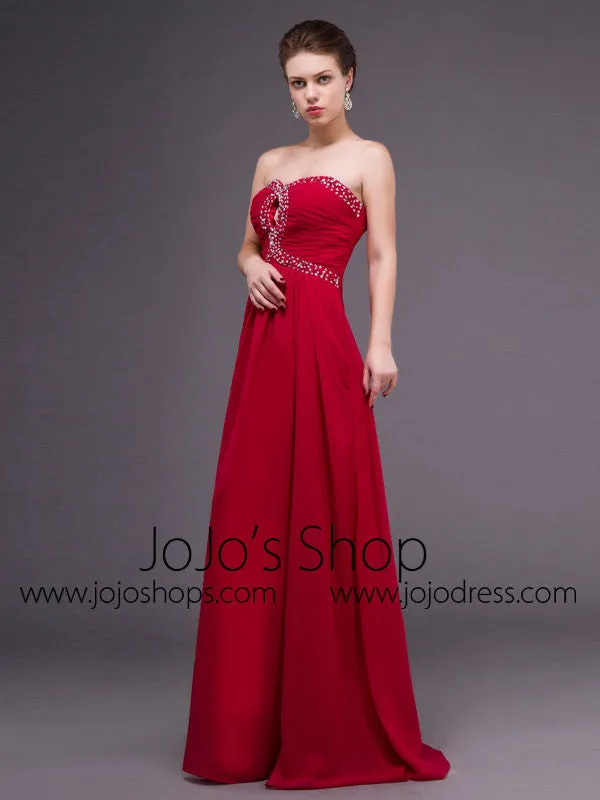 Strapless Red Chiffon Long Formal Prom Dress