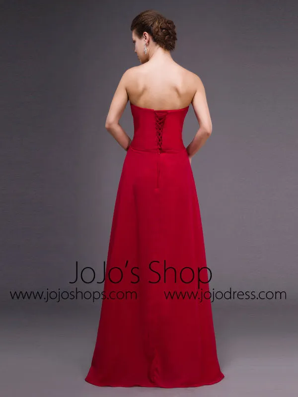 Strapless Red Chiffon Long Formal Prom Dress