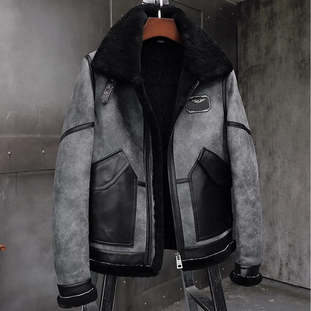 Stylish Grey Sheepskin Bomber Jacket With Black Fur