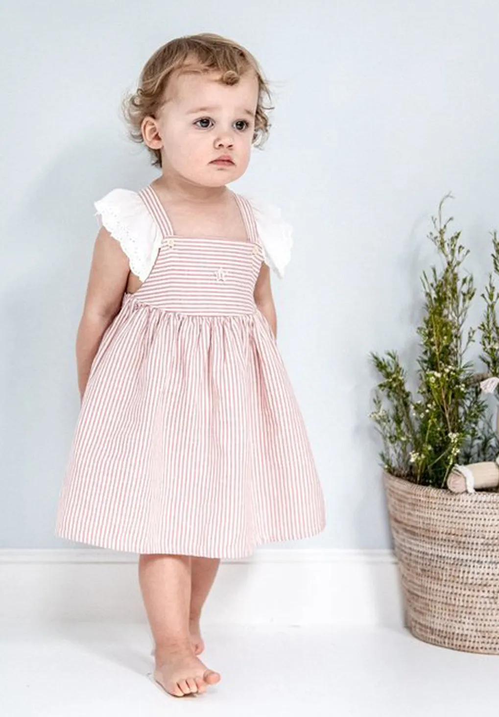 Tocoto Vintage Baby Striped Dress with Embroidery in Pink