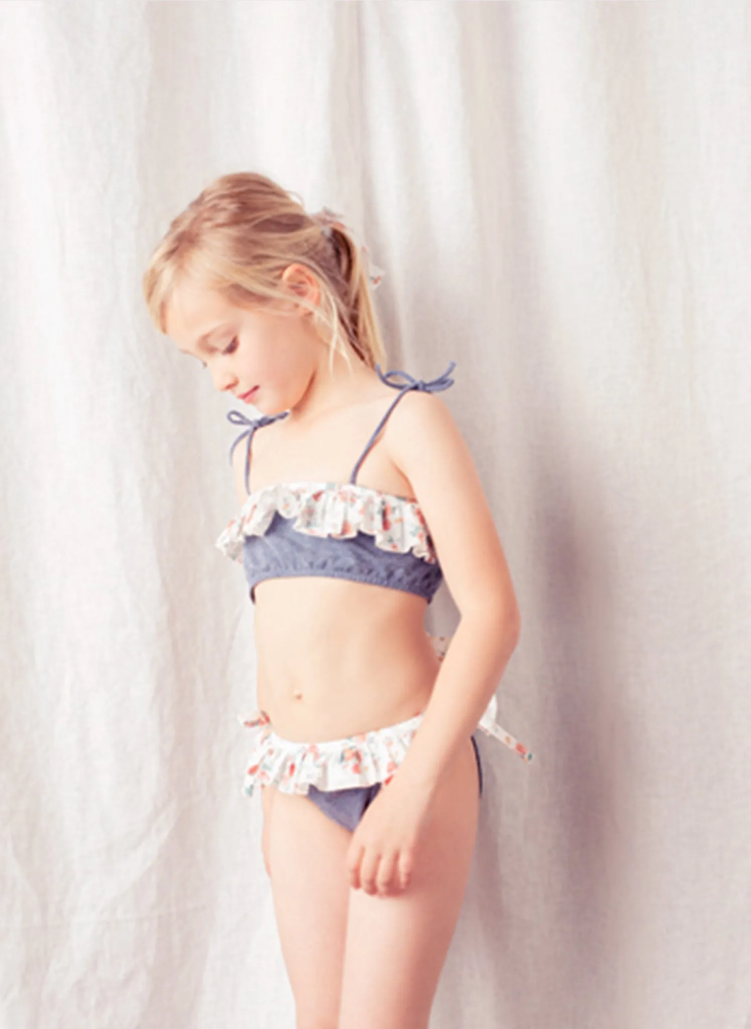 tocoto vintage Denim Bikini Set with Flower Flounces in Blue