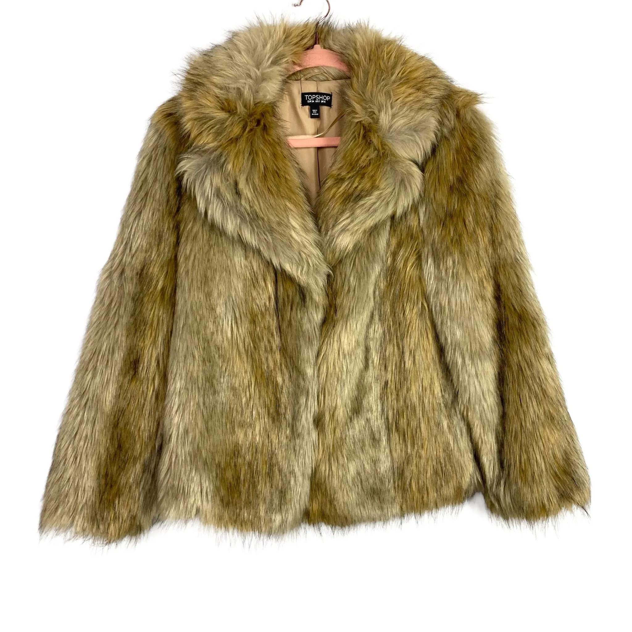 TOPSHOP Tan Faux Fur Hook and Eye Closure Jacket- Size 2