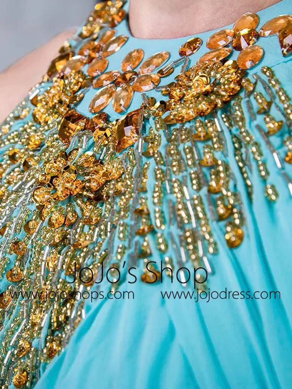 Turquoise Grecian Halter Long Formal Prom Evening Dress