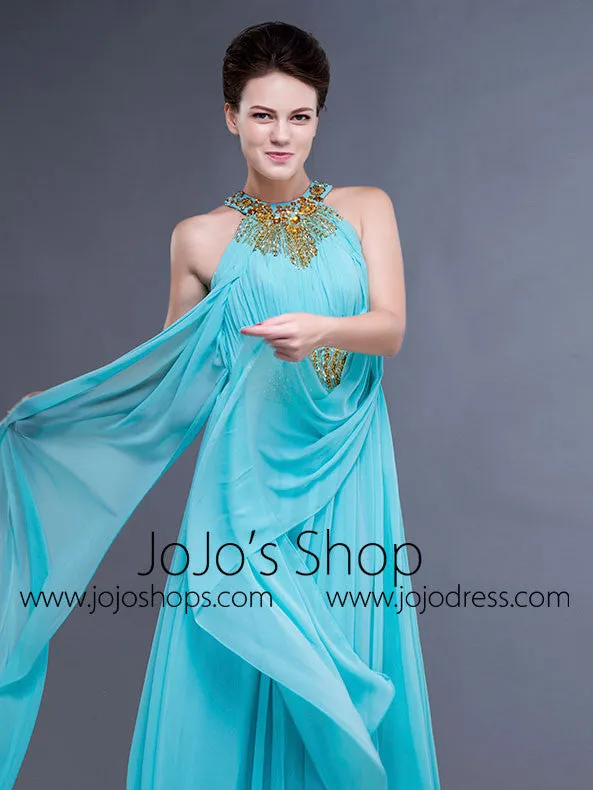 Turquoise Grecian Halter Long Formal Prom Evening Dress