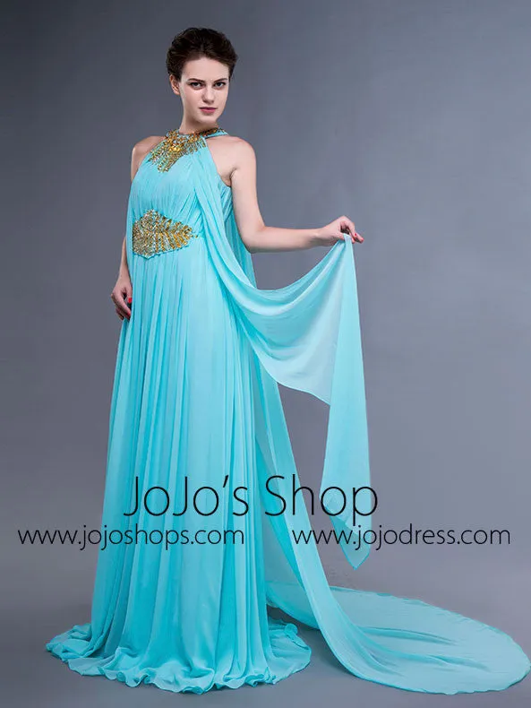 Turquoise Grecian Halter Long Formal Prom Evening Dress