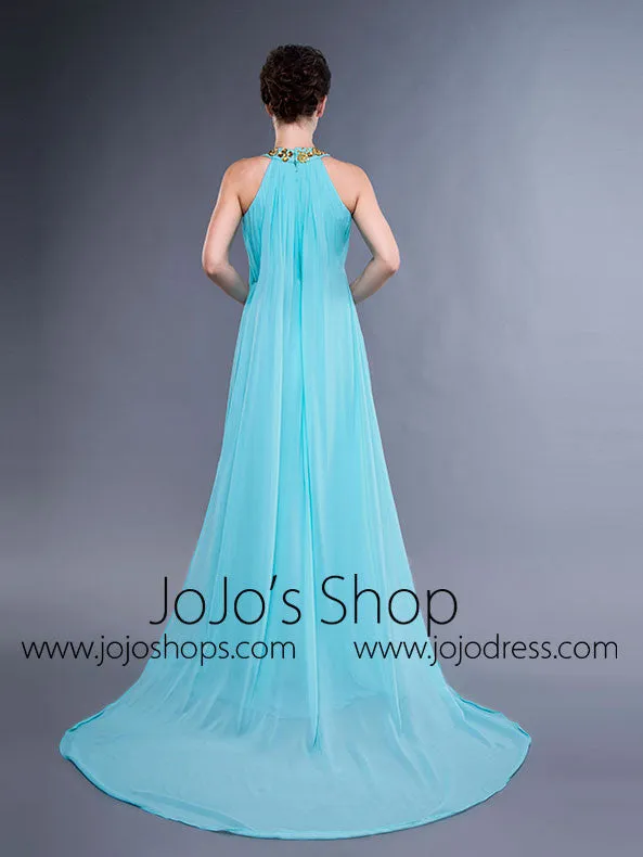 Turquoise Grecian Halter Long Formal Prom Evening Dress