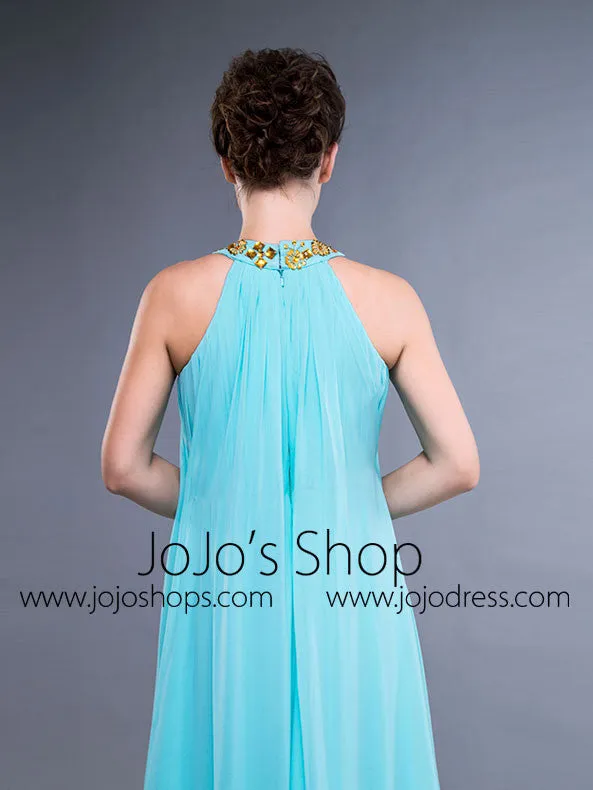 Turquoise Grecian Halter Long Formal Prom Evening Dress