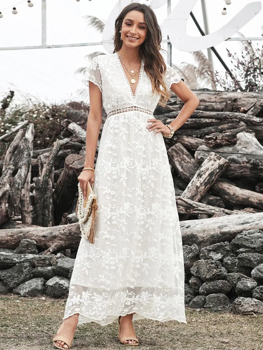 V-Neck Maxi Dress Short Sleeves Casual Floor Length Dress