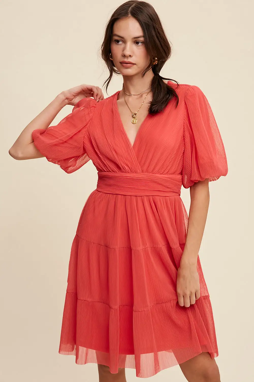 V-Neck Pleated Mesh Cinched Waist Midi Dress