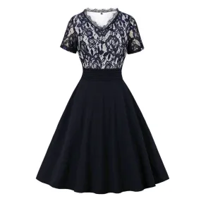 V Neck Short Sleeve Floral Lace Elegant Patchwork Navy Blue A-Line Vintage Summer Knee-Length Dress