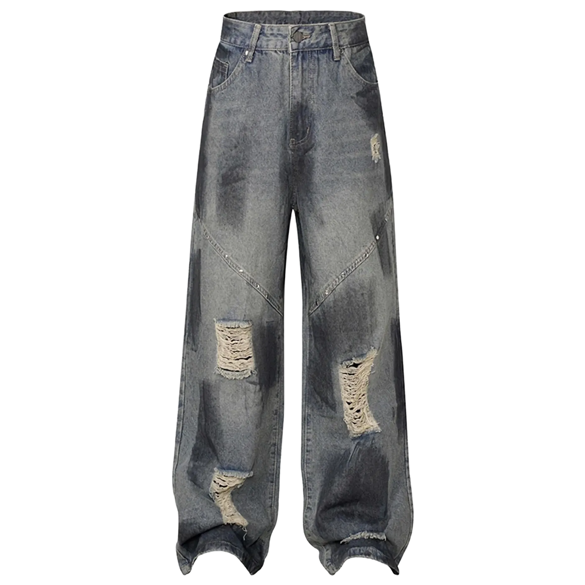 'Varnish' Painted and Torn Wide-Leg Denim Jeans