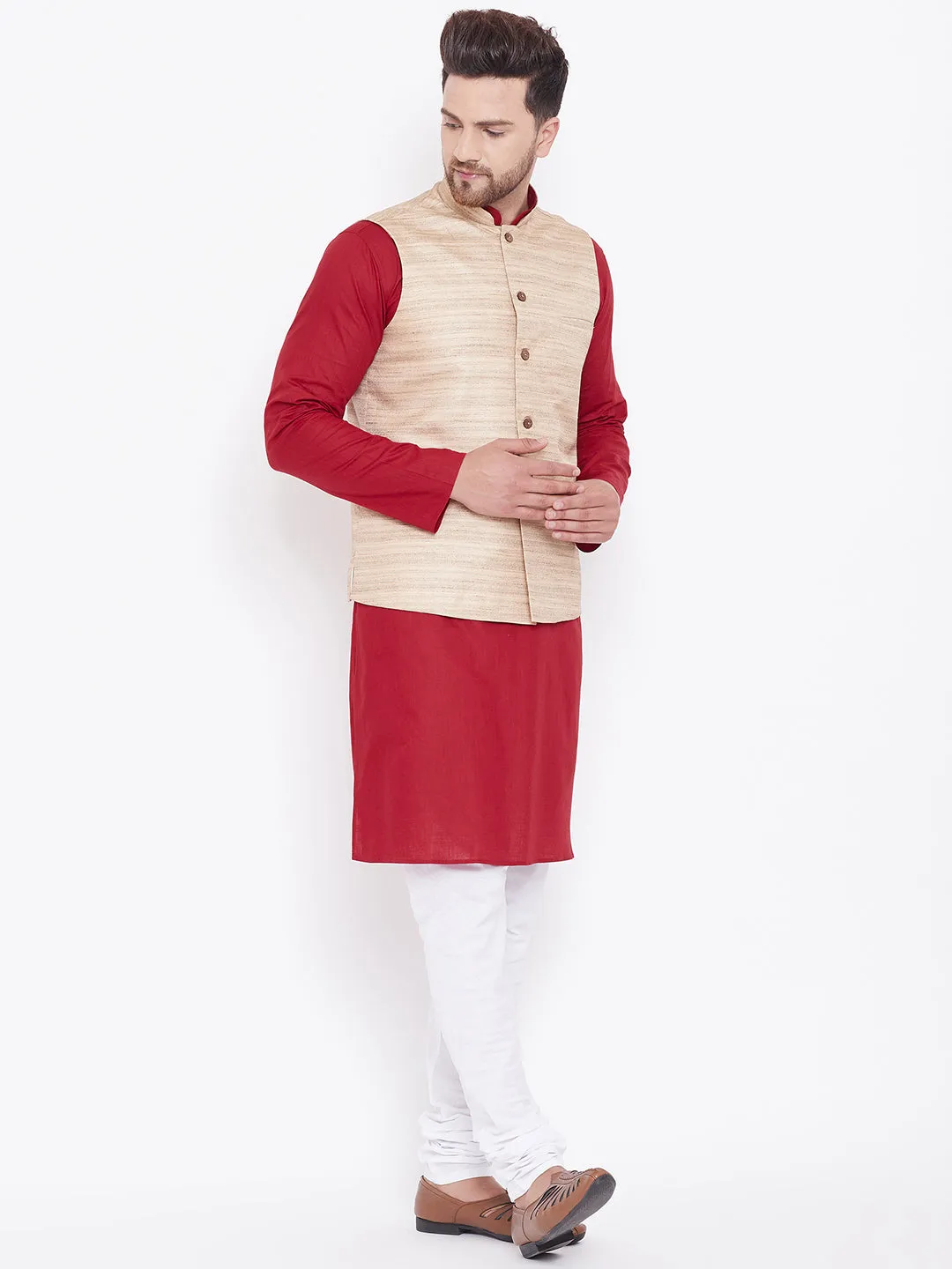 VASTRAMAY Men's Beige, Maroon And White Cotton Blend Jacket, Kurta and Pyjama Set