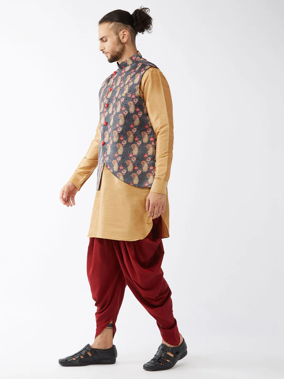 VASTRAMAY Men's Rose Gold Silk Blend Kurta and Dhoti Pant With Cotton Blend Ethnic Jacket