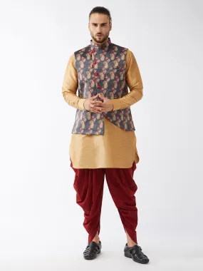 VASTRAMAY Men's Rose Gold Silk Blend Kurta and Dhoti Pant With Cotton Blend Ethnic Jacket