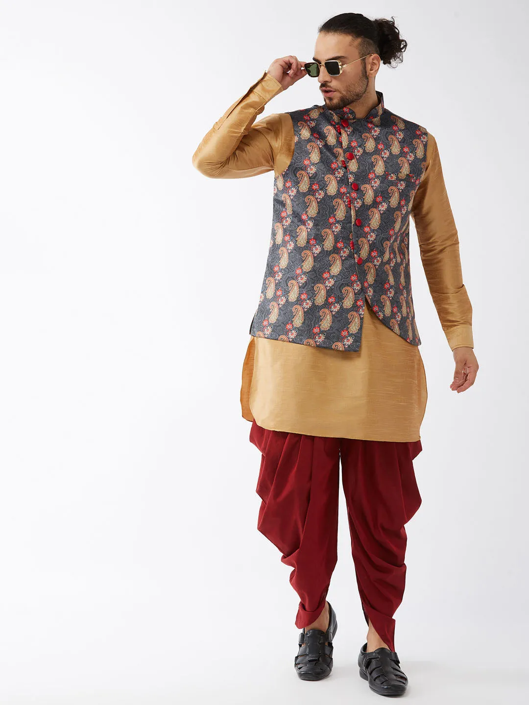 VASTRAMAY Men's Rose Gold Silk Blend Kurta and Dhoti Pant With Cotton Blend Ethnic Jacket