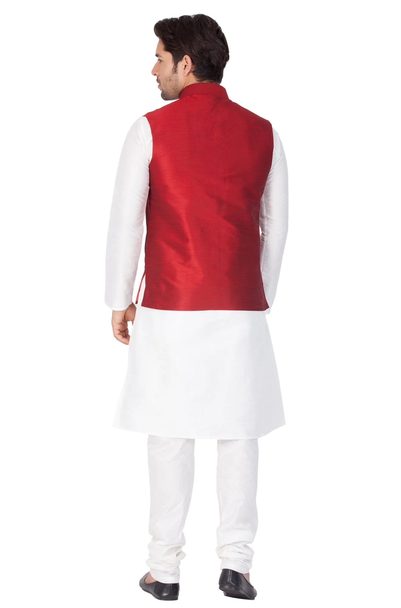 VASTRAMAY Men's White Cotton Silk Blend Kurta, Ethnic Jacket and Pyjama Set