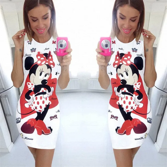 Vestidos Plus Size Sexy Pencil Knee-Length Dress Brief Sleeveless O-neck Animal Mouse Carton Print Women Dresses 71559 GS