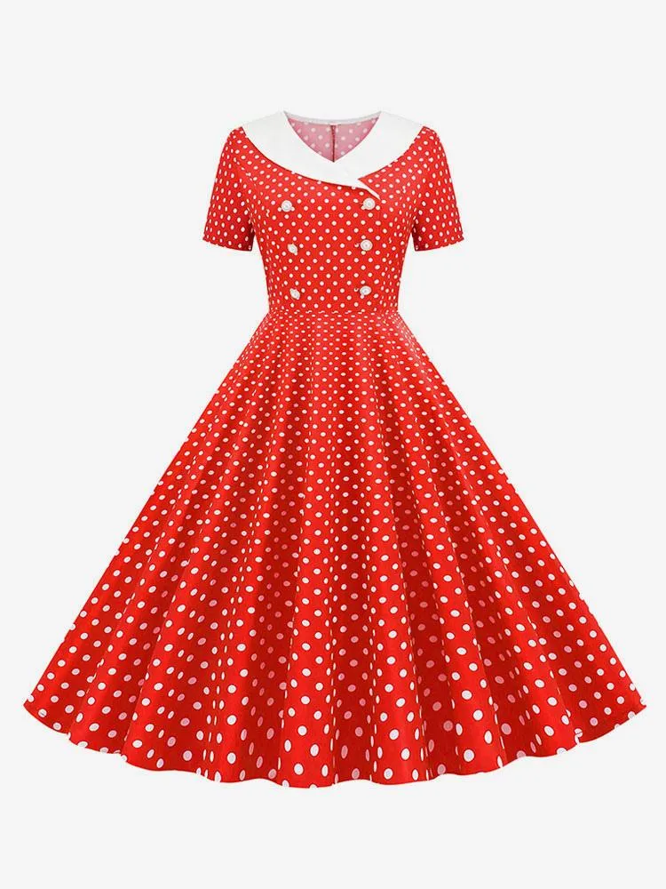 Vintage Glamour Dress 1950s Audrey Hepburn Style V-Neck Short Sleeves Knee Length Polka Dot Swing Dress