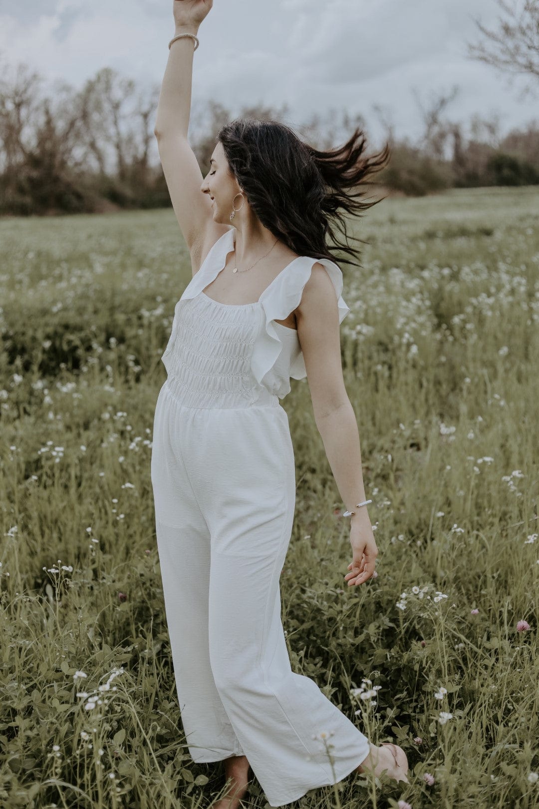 White Ruffle Wide Leg Jumpsuit