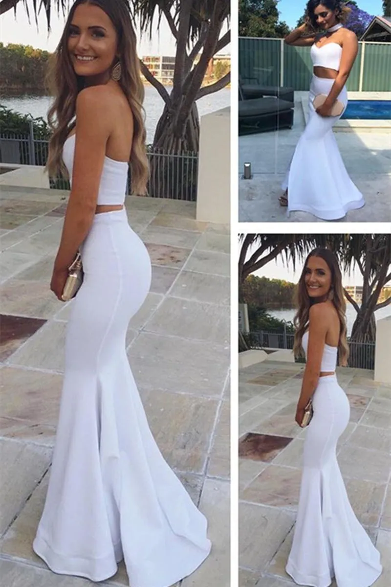 White Strapless Mermaid Two Piece Long Prom Dress