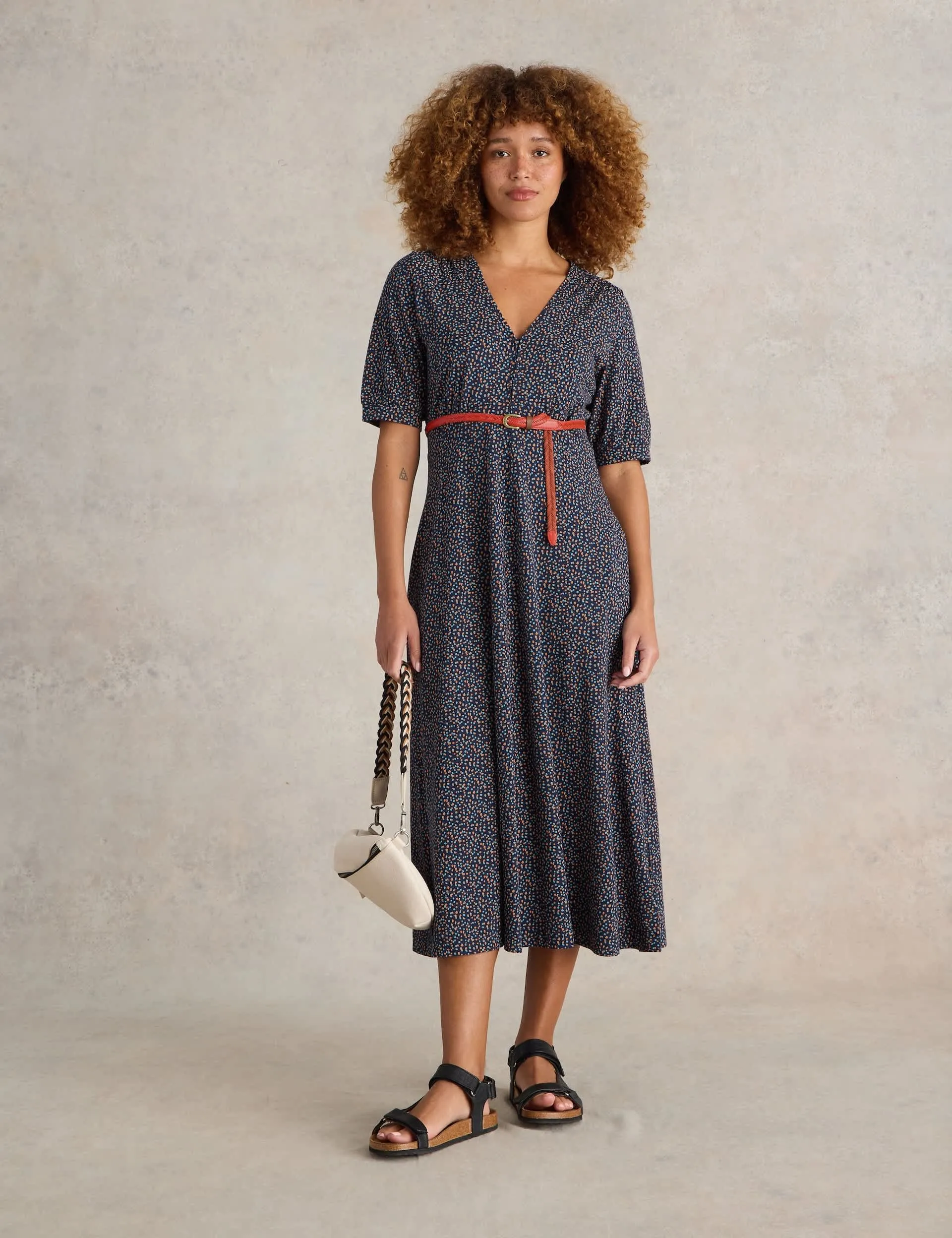 White Stuff Women's Jersey Printed V-Neck Midi Tea Dress - 12REG - Navy Mix, Navy Mix